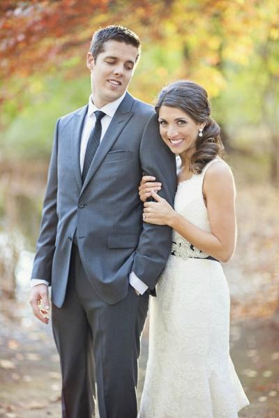Beautiful fall wedding. Ali wears Amy Kuschel's April wedding dress. Photo credit: Sweet Jane Photography.