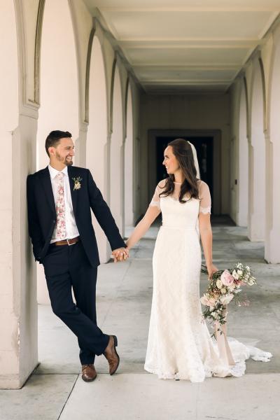 Bride wears London wedding gown by Amy Kuschel. Photo by Analisa Joy Photography