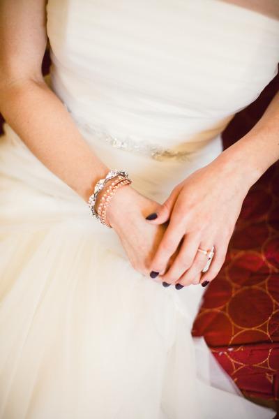 Danielle's antique metallic bridal accessories. She married in Amy Kuschel's Viva wedding gown. Photo credit: Lauren Gabrielle Photography.