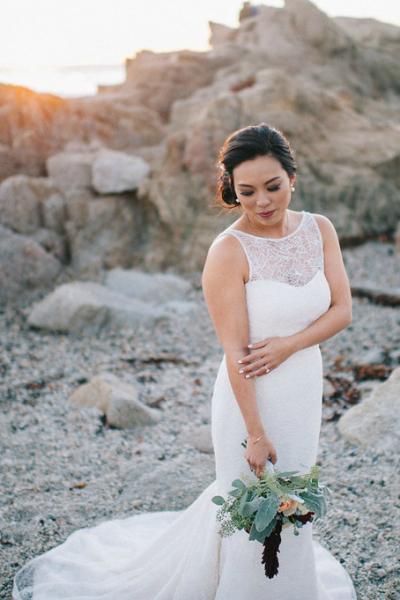 Emily married in Amy Kuschel's lace wedding dress Bardot. Photography: Encarnacion Photography