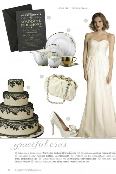Tara, Amy Kuschel's silk chiffon wedding dress feautred in Chicago Style Weddings Magazine September/October 2014.