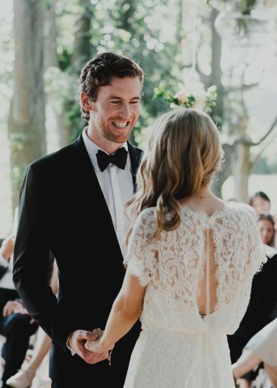 Congratulations to the newlyweds! Bride wears River, a lace wedding gown by Amy Kuschel San Francisco, photo by Tara Lilly