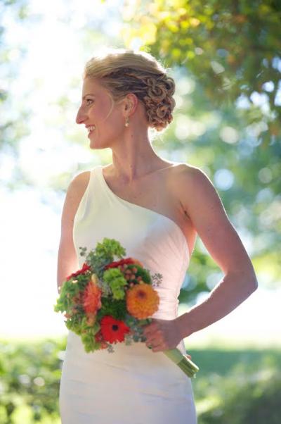 Bride wears Amy Kuschel's silk charmeuse wedding dress, Liberty.