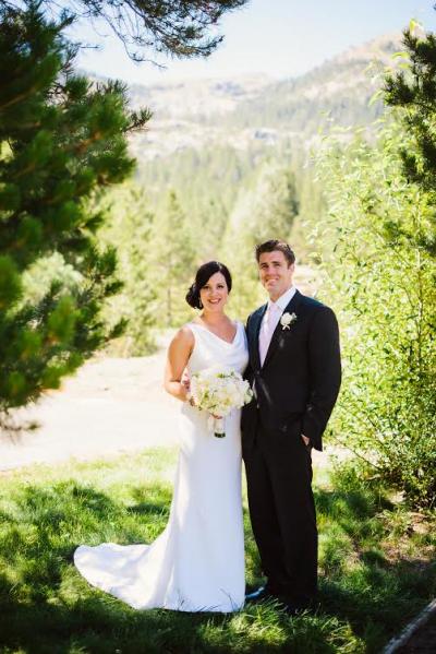 Jessica exudes elegance and sophistication in Amy Kuschel's Margaret Ann wedding dress fabricated in silk crepe.