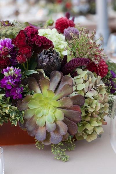 Wedding flower arrangement for Karen & Michael's wine country nuptials. Bride married in Amy Kuschel's Kennedy wedding dress.