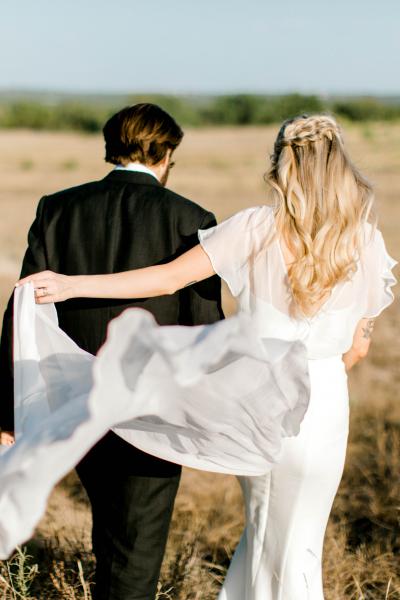 Dreamy chiffon train on Libby wedding dress by Amy Kuschel San Francisco, Parker Ercums Photography