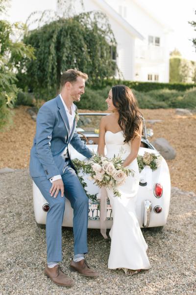 Bride wears Halston wedding gown, made in San Francisco by Amy Kuschel