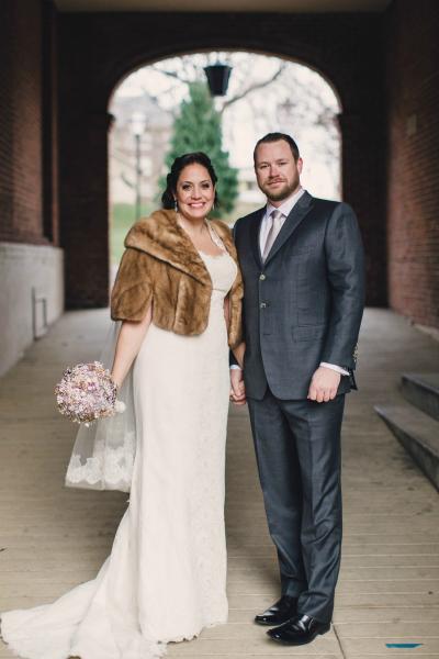 Kristina exudes glamour and drama on her wedding day. She wears Amy Kuschel's lace wedding dress, Rosemary. Photography: Lauren Fair Photography.