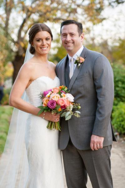 Stunning Amy Kuschel bride in Claremont lace wedding gown, made in San Francisco