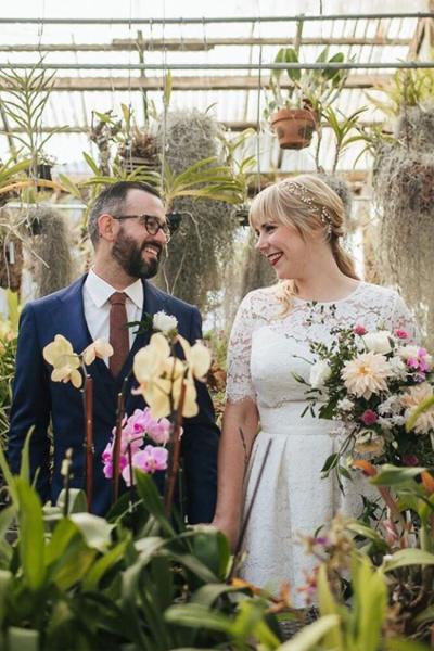 Beautiful bride in Kitten, lace little white dress by Amy Kuschel San Francisco, Roseann Bath Photography