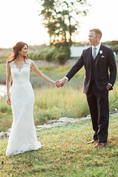 Bride married in Avalon, lace wedding dress by Amy Kuschel San Francisco. Photo: Vicki Plus Erik Photographers 