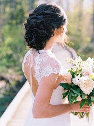 Wedding details - open back lace wedding dress made in San Francisco, hair by Tiffany Cantin, flowers by The Wild Dahlia, Photo by Catherine Threlkeld